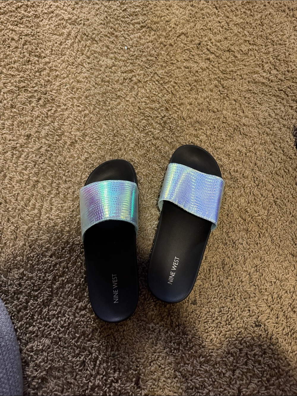 Nine West Black Slide Sandals with Holographic Straps